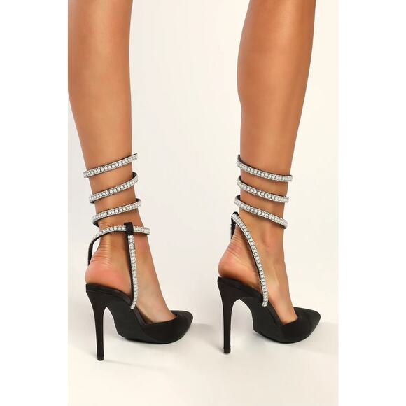 Lulu's Black Satin Pearl Rhinestone Pointed-Toe Pumps - SIze 5.5 - Picture 2 of 5